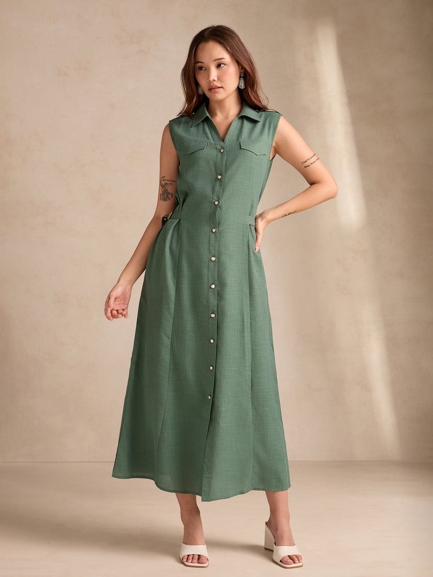 Green Button Down Shirt Dress With Metal Trims Detail