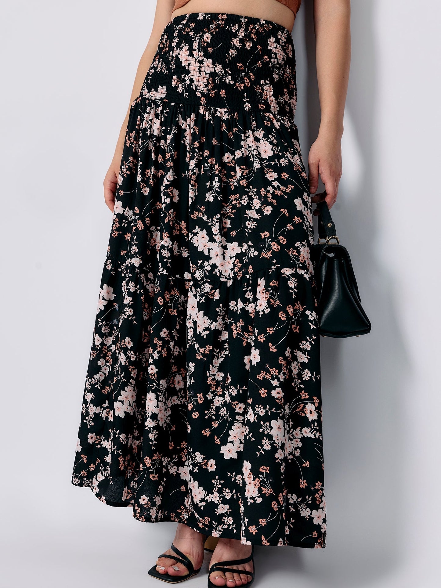 Black Three Tired Midi Skirt Printed