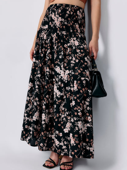 Black Three Tired Midi Skirt Printed