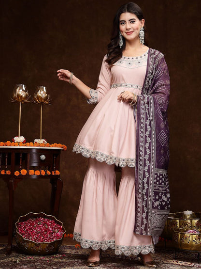 Rose Gold & Purple Ethnic Motifs Embroidered Anarkali Kurta & Sharara With Dupatta