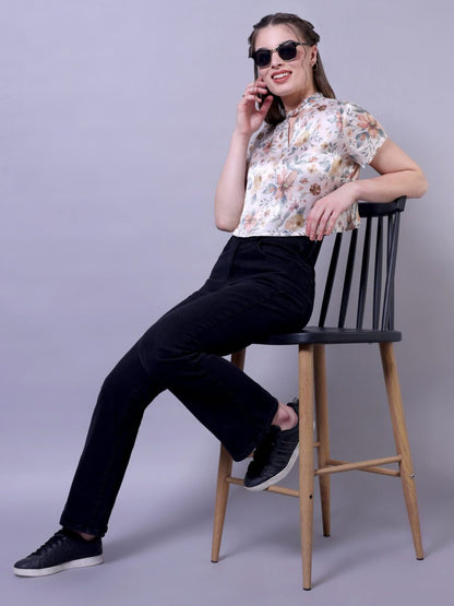 Keyhole Neck Printed Top | Off White Floral