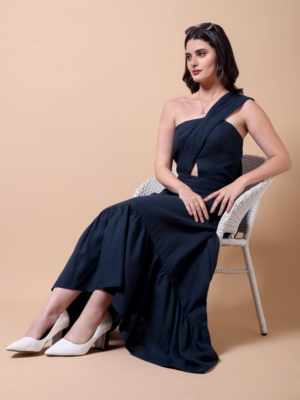 Asymmetric One-Shoulder Maxi Dress | Navy Blue