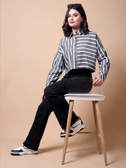 Striped Cotton Cropped Shirt | Light Pink Stripped, Grey