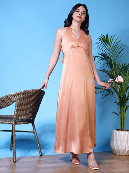 Halter Neck Velvet Maxi Dress | Peach