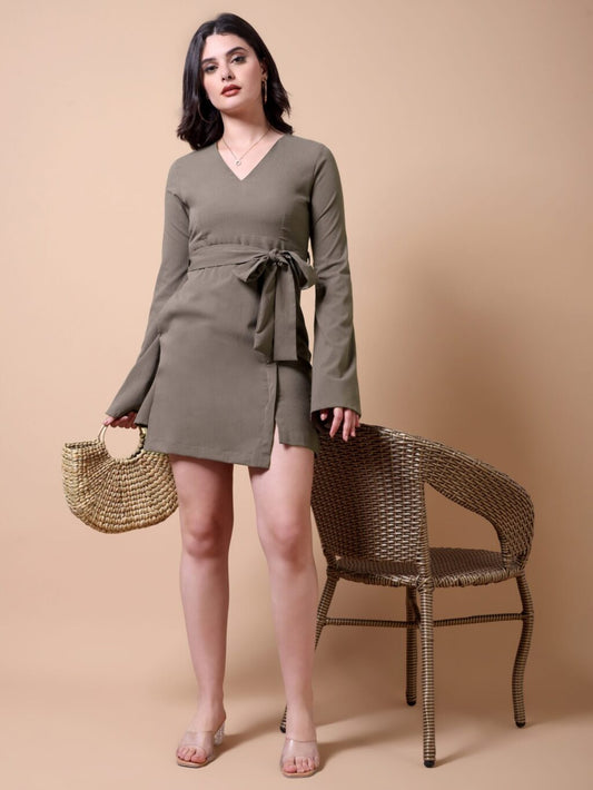 Bell Sleeve Fit and Flare Mini Dress | Brown