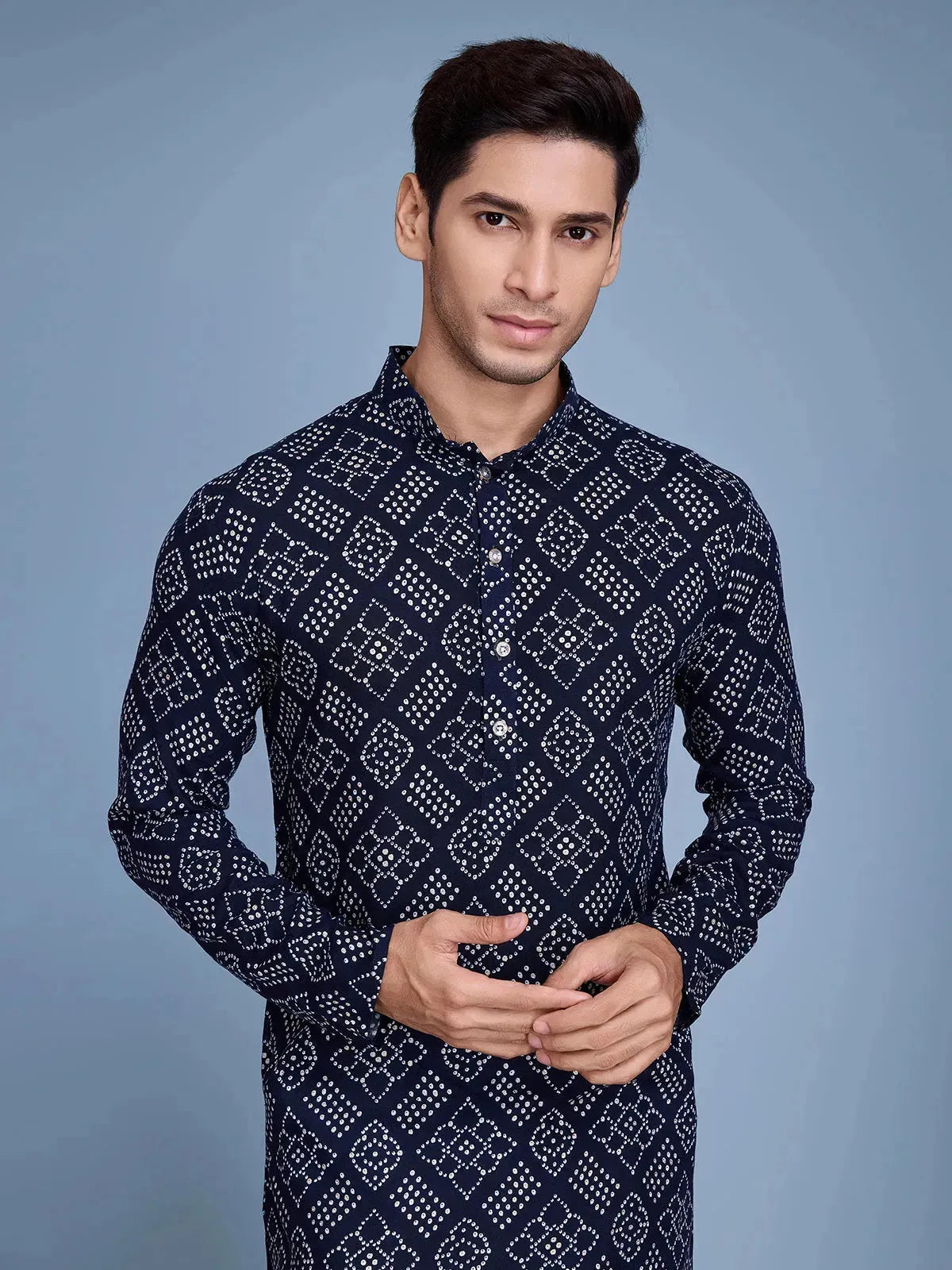Navy Rayon Foil Printed Men's kurta For Every Occasion