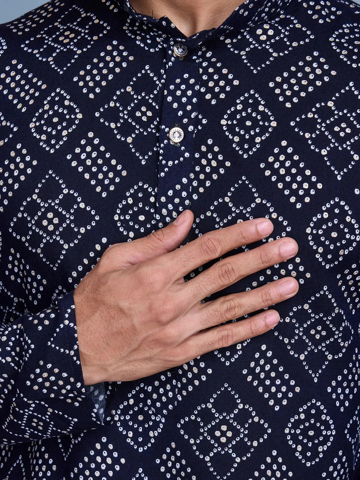 Navy Rayon Foil Printed Men's kurta For Every Occasion