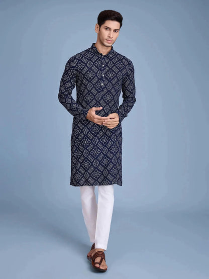 Navy Rayon Foil Printed Men's kurta For Every Occasion