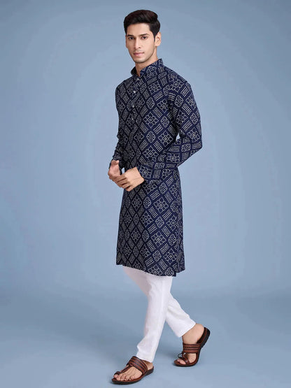 Navy Rayon Foil Printed Men's kurta For Every Occasion