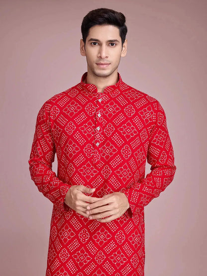 Red Rayon Foil Printed Men's kurta For Every Occasion
