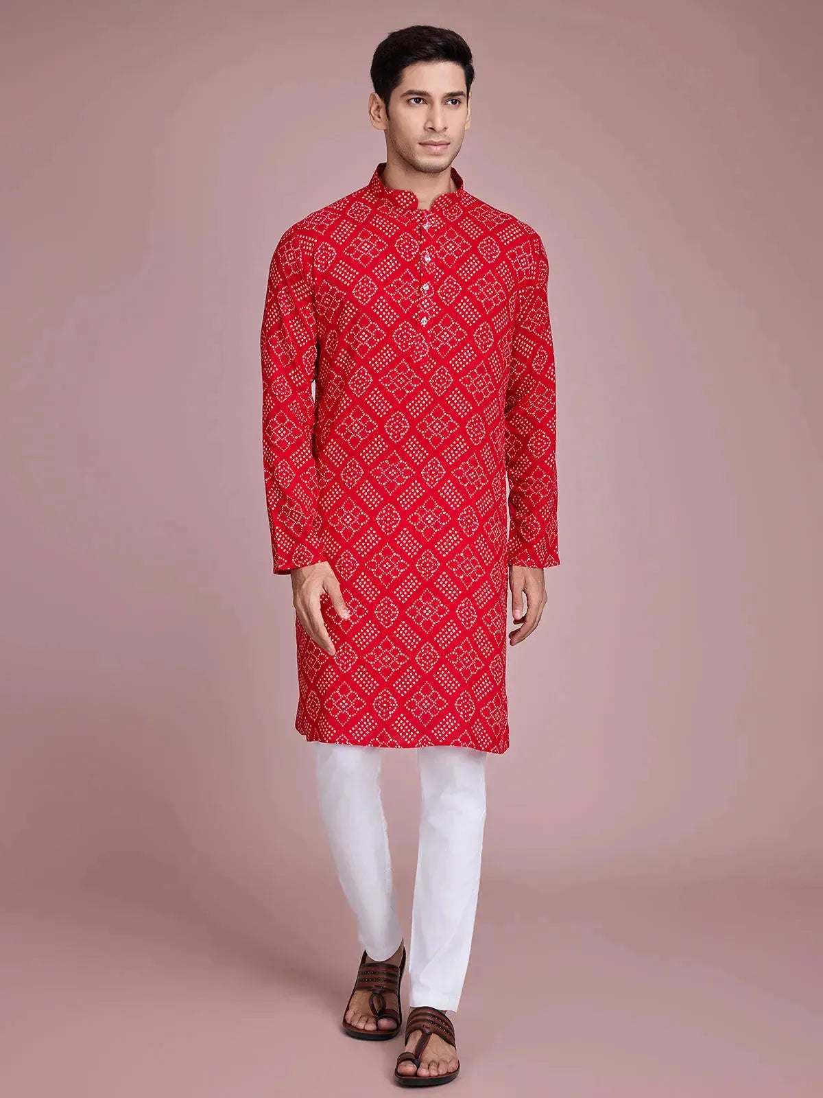 Red Rayon Foil Printed Men's kurta For Every Occasion