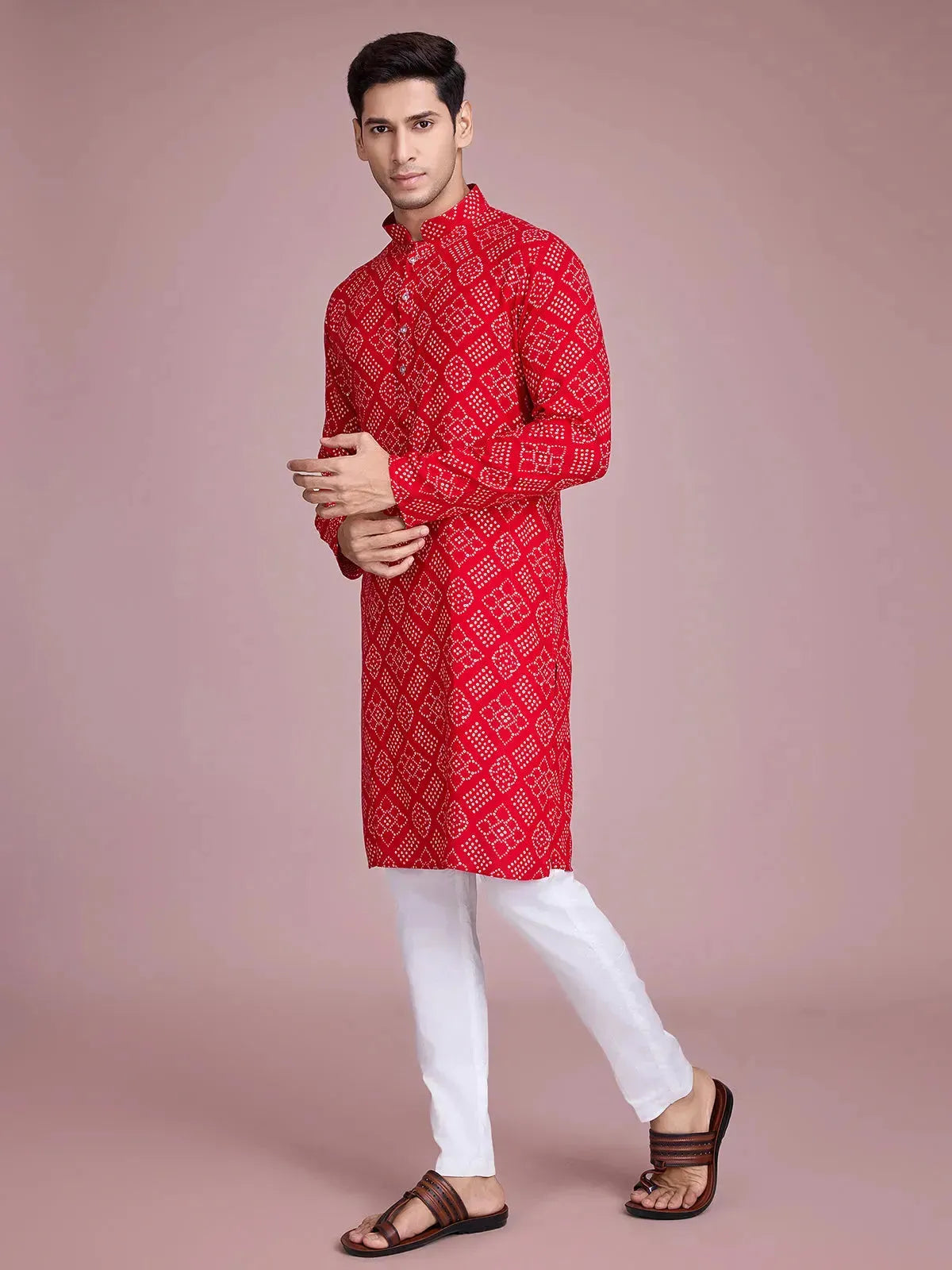 Red Rayon Foil Printed Men's kurta For Every Occasion