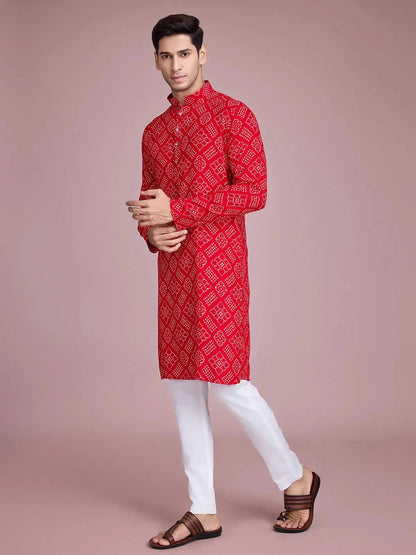 Red Rayon Foil Printed Men's kurta For Every Occasion