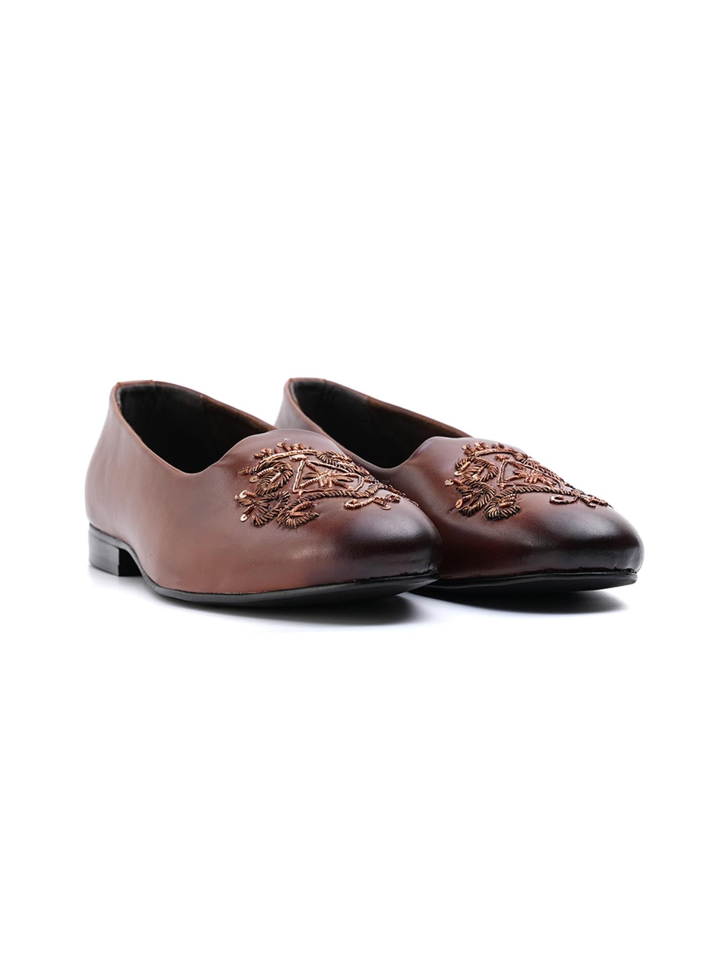 Monkstory Classic Embroidered Mojari - Brown