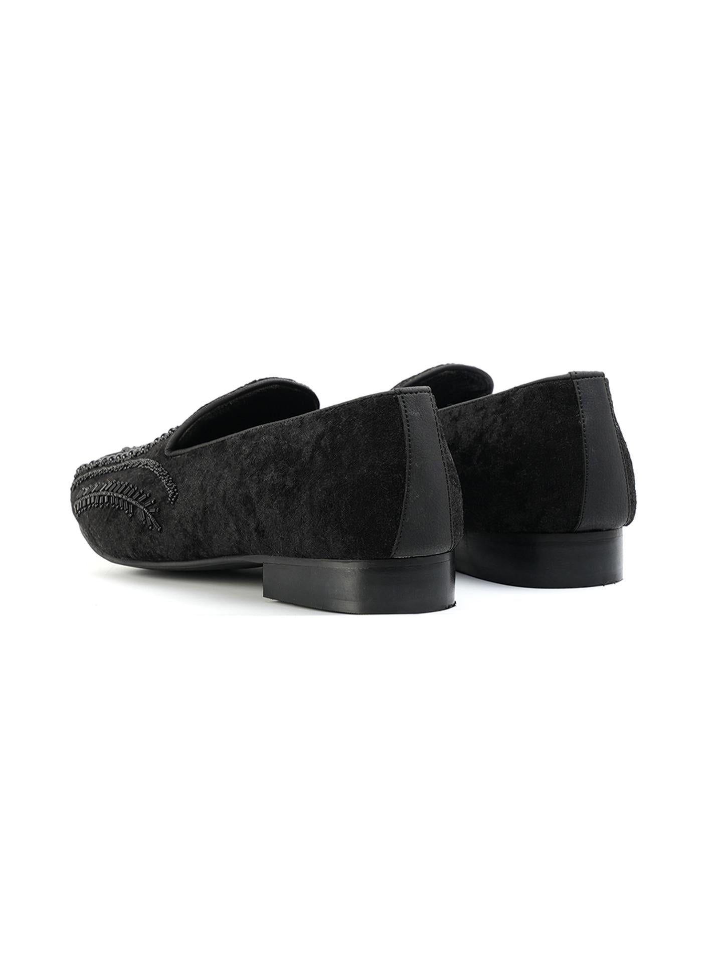 Monkstory Hand-Embroidered Embellished Slip-Ons - Black