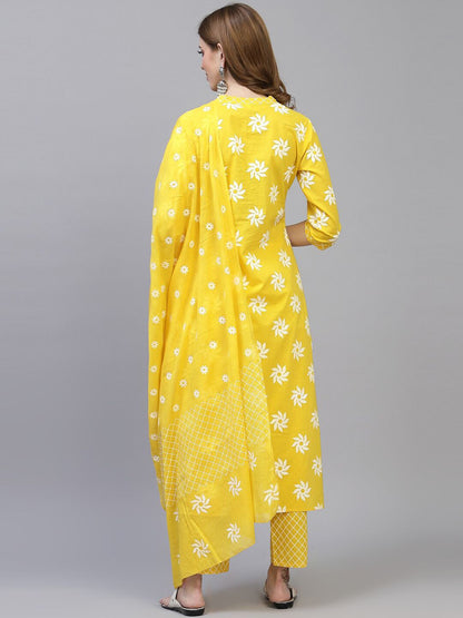 Women Yellow Straight Pure Cotton Kurta with Trousers & Dupatta