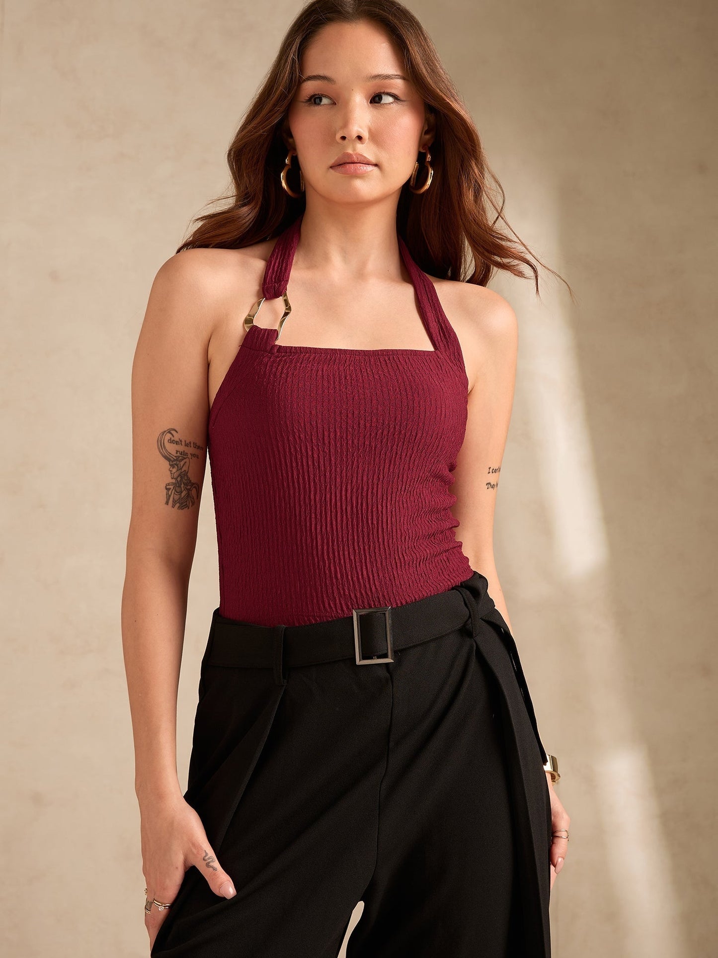 Maroon Halter Neck Tank With Metal Trim Detailing