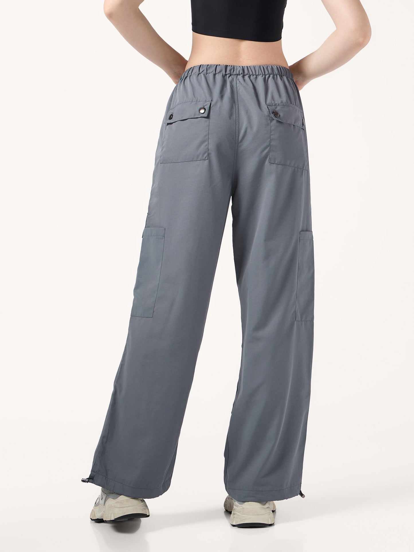 Grey Cargo Pockets Drawstring Wid Leg Trouser
