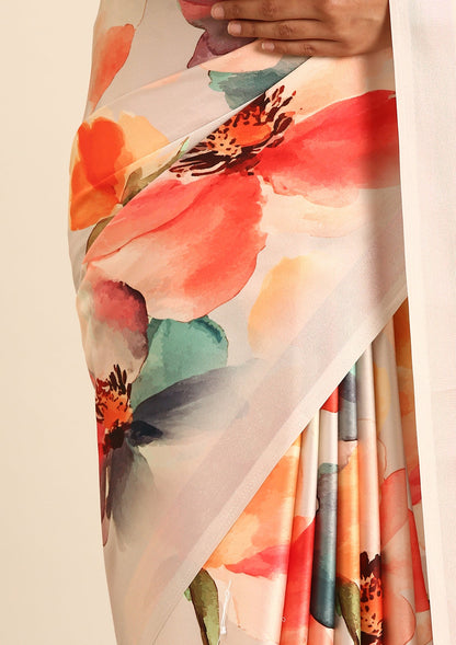 Beige Watercolor Floral Digital Printed Satin Saree