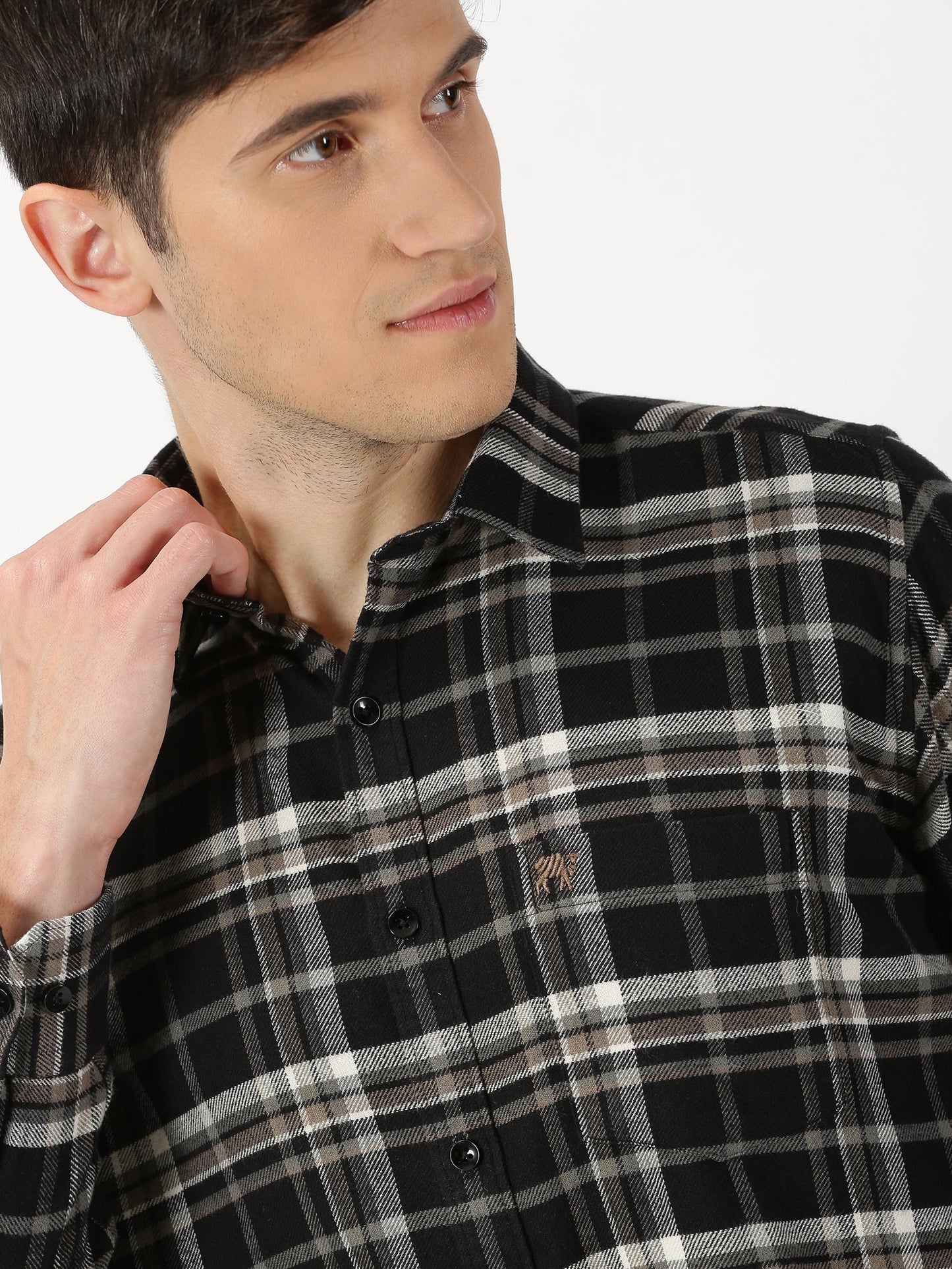 Black Brushed Cotton Check Shirt