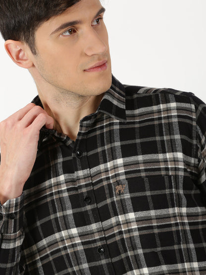 Black Brushed Cotton Check Shirt