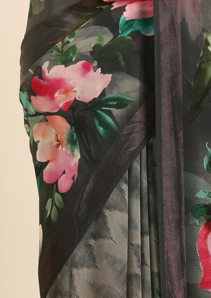 Grey Multicolor Floral Digital Printed Georgette Saree