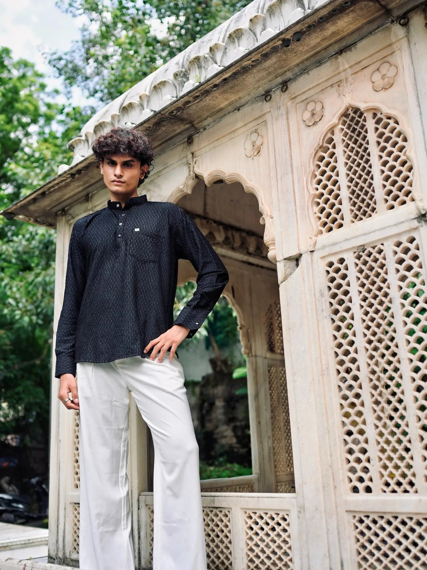 Black Texture Weave Short Kurta