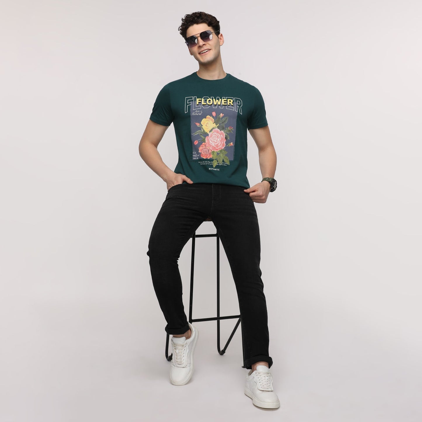 Indo Cotton Men Green Printed Crew Neck T-Shirt