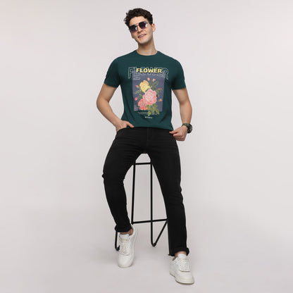 Indo Cotton Men Green Printed Crew Neck T-Shirt