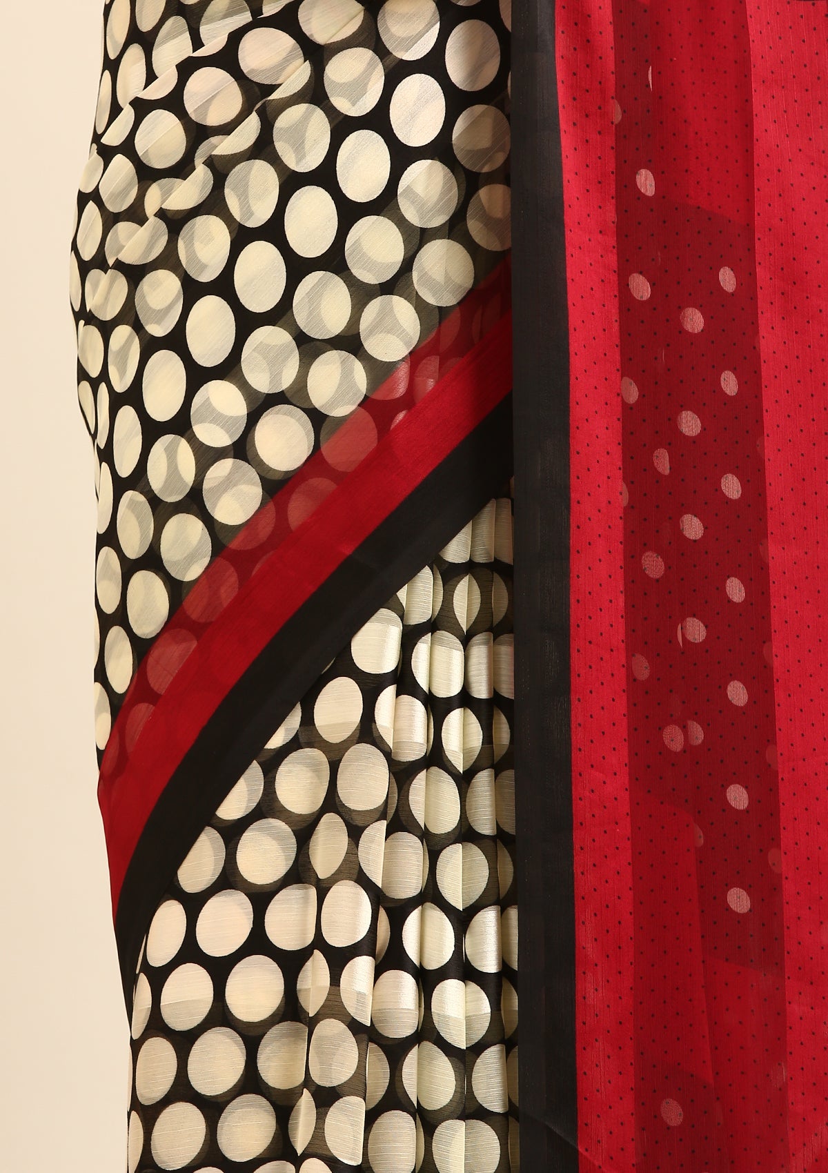 Black And Cream Polkadots Printed Chiffon Saree