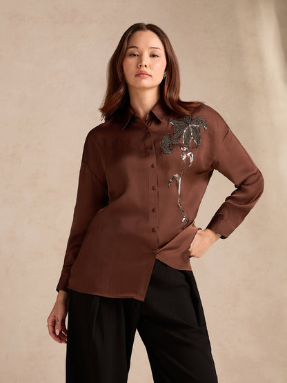 Brown Oversized Embroidered Satin Shirt