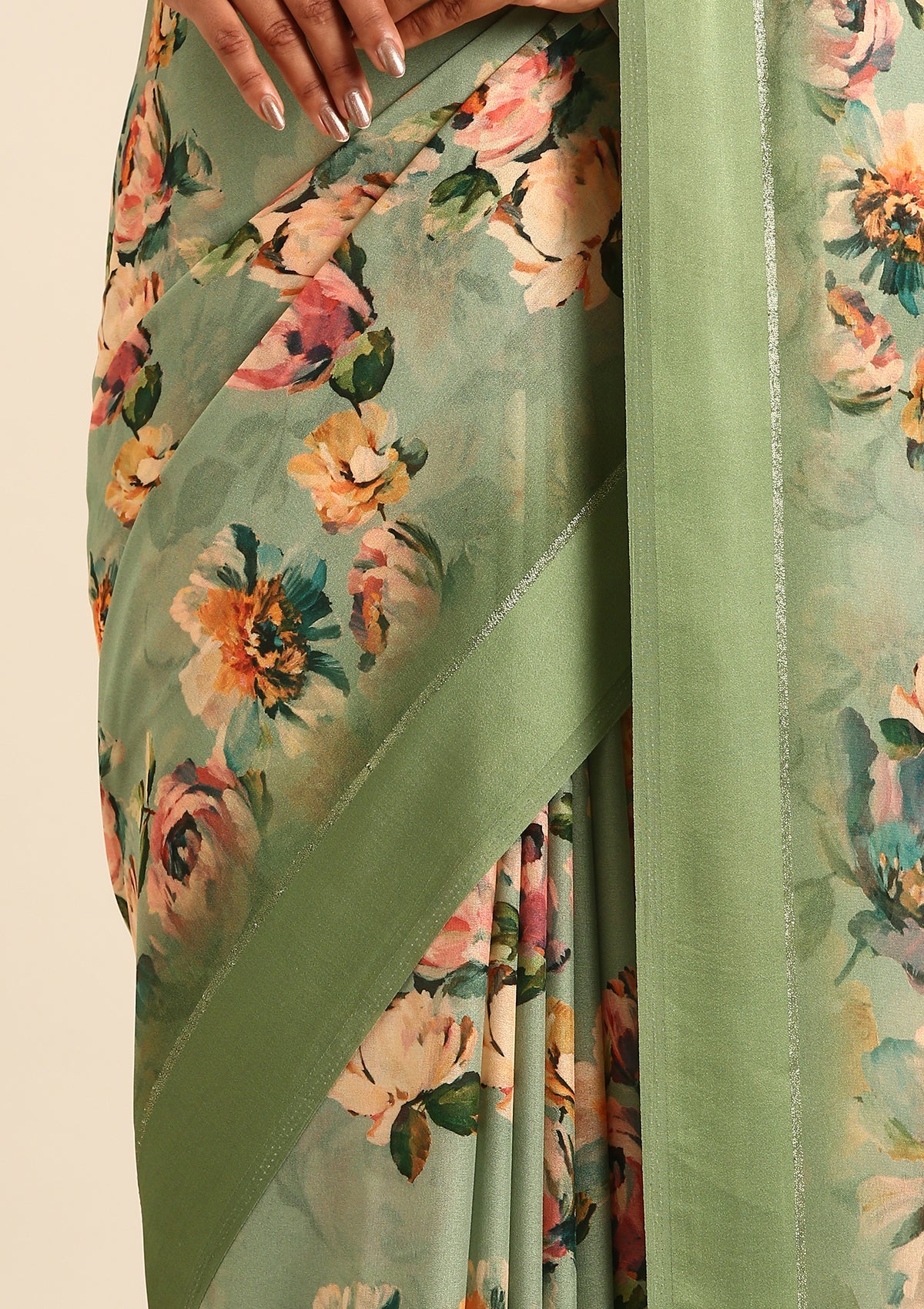 Dusty Green Floral Printed Georgette Saree