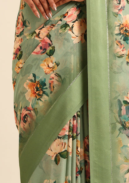 Dusty Green Floral Printed Georgette Saree