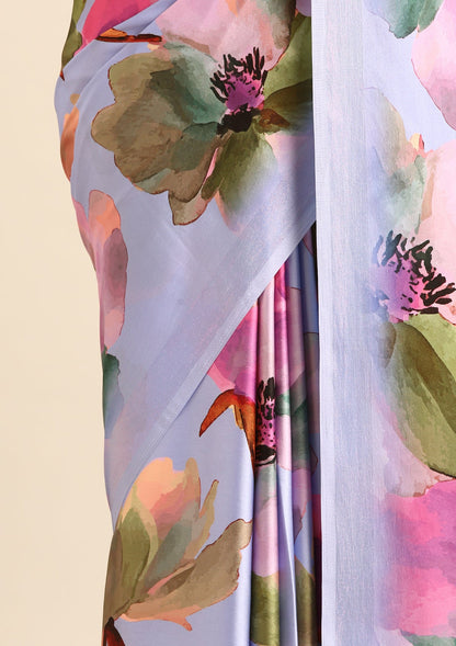 Violet Watercolor Floral Digital Printed Satin Saree