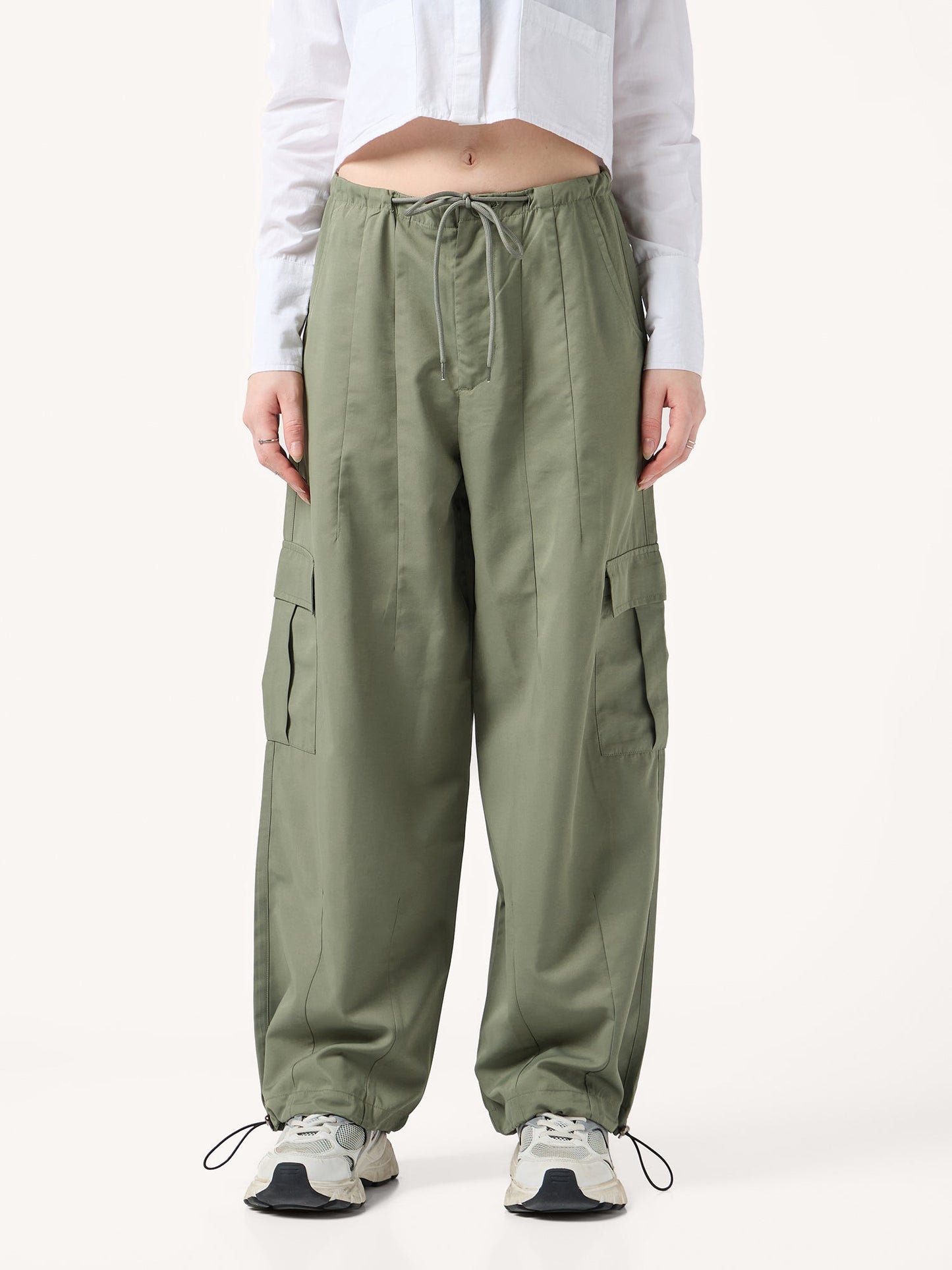 Olive Cargo Pockets Drawstring Wid Leg Trouser