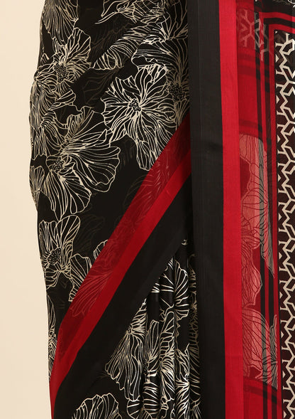 Black Abstract Floral Printed Chiffon Saree