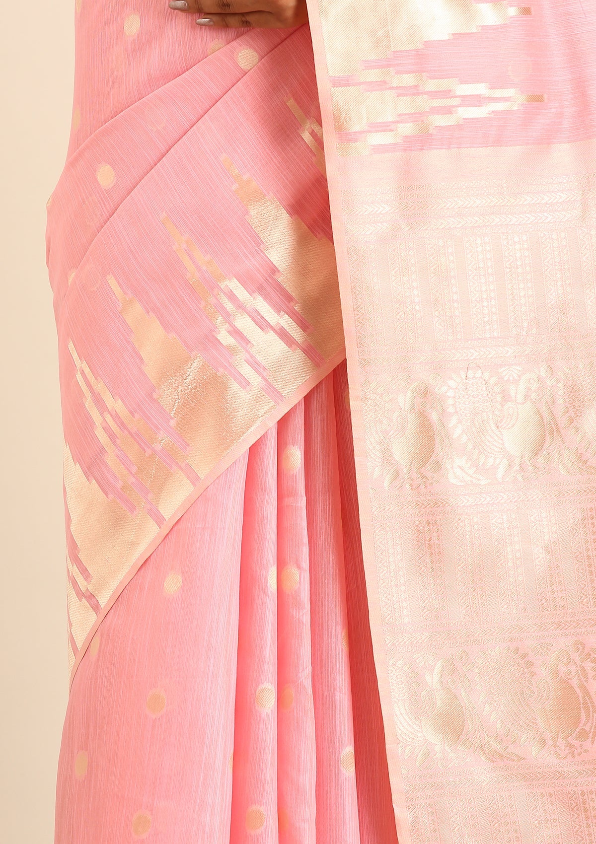 Pastel Pink Traditional Temple Pattern Tussar Saree