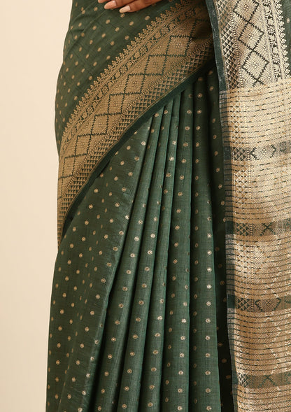 Dark Green Traditional Zari Butta Woven Tussar Saree