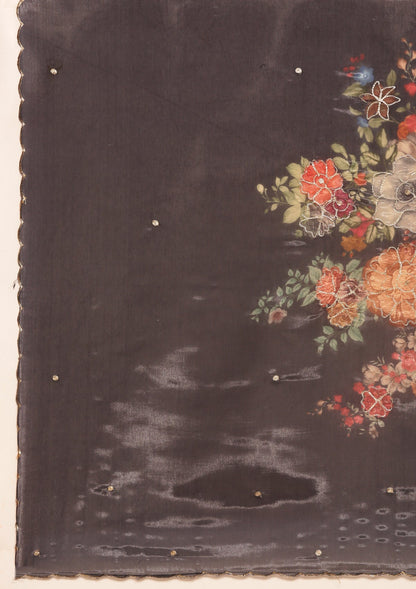 Metallic Charcoal Printed And EmbroideRed Organza Saree