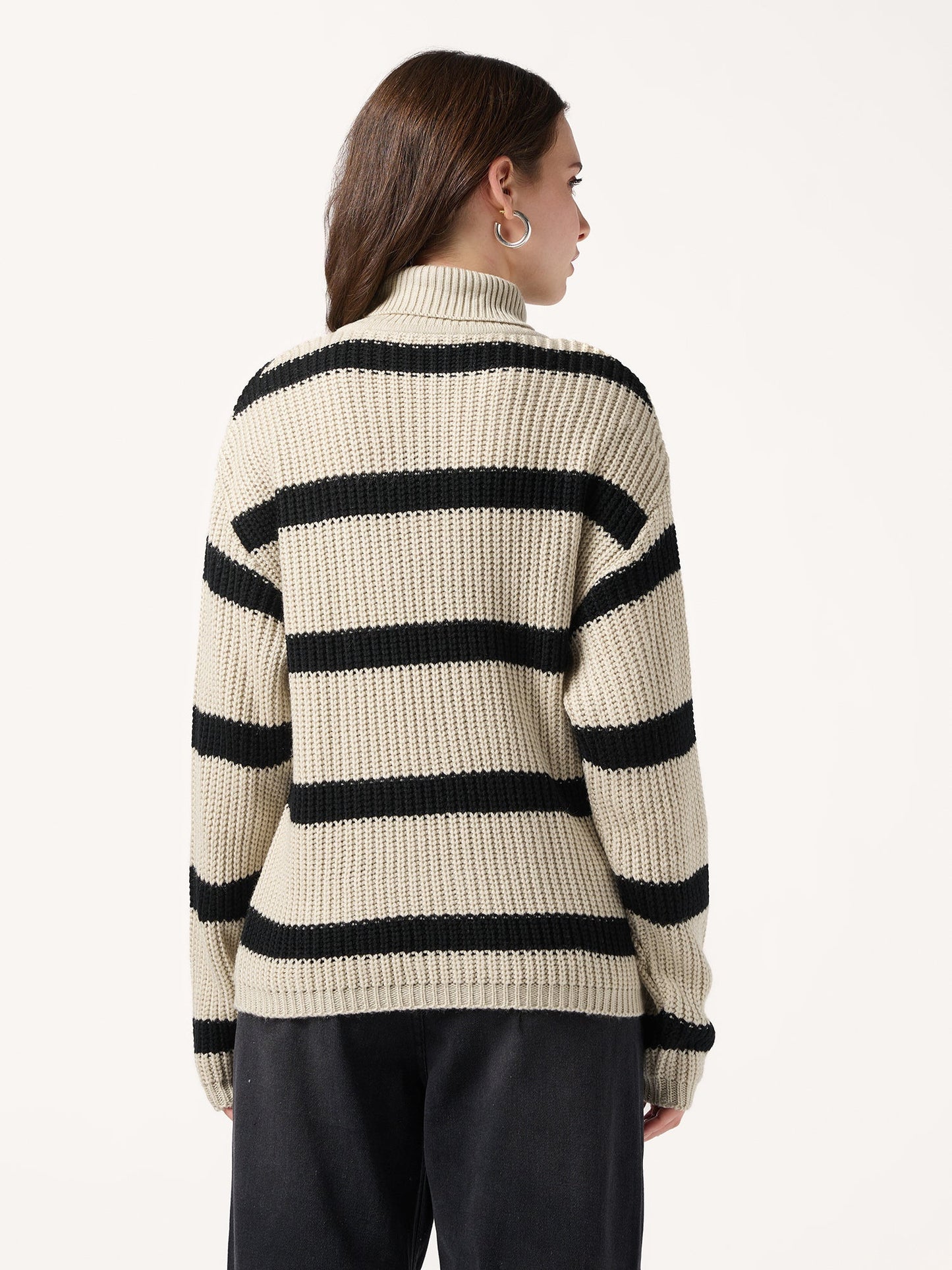 Beige High Neck Striper Sweater