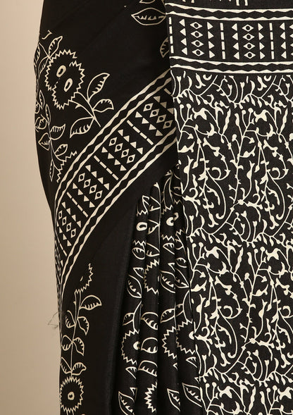 Black Abstract Printed Tussar saree