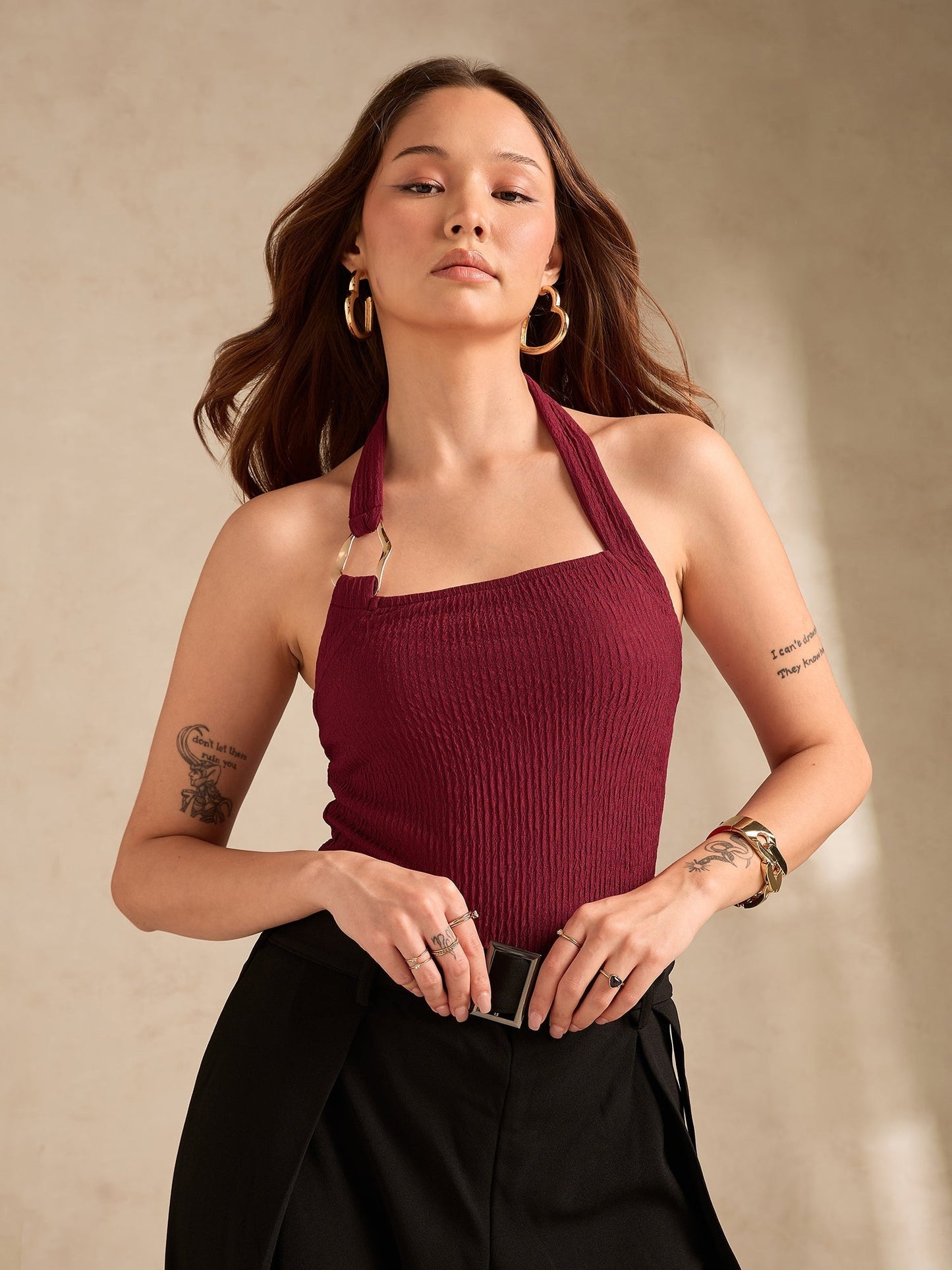 Maroon Halter Neck Tank With Metal Trim Detailing
