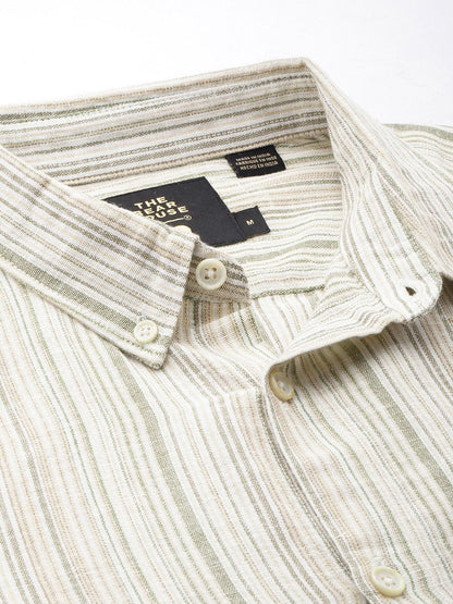Men Cotton Linen Button-Down Collar Slim Fit Striped Casual Shirt