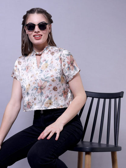 Keyhole Neck Printed Top | Off White Floral