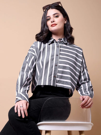 Striped Cotton Cropped Shirt | Light Pink Stripped, Grey