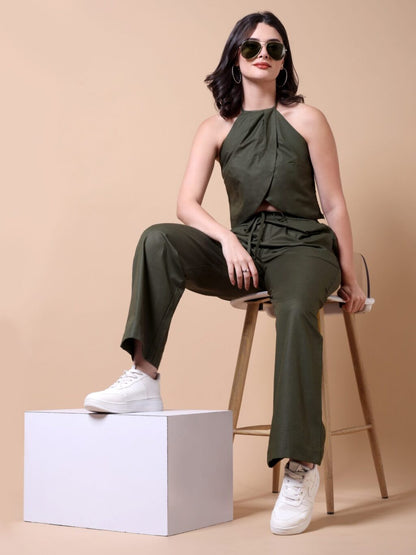 Linen Halter Co-ord Set | Dark Green