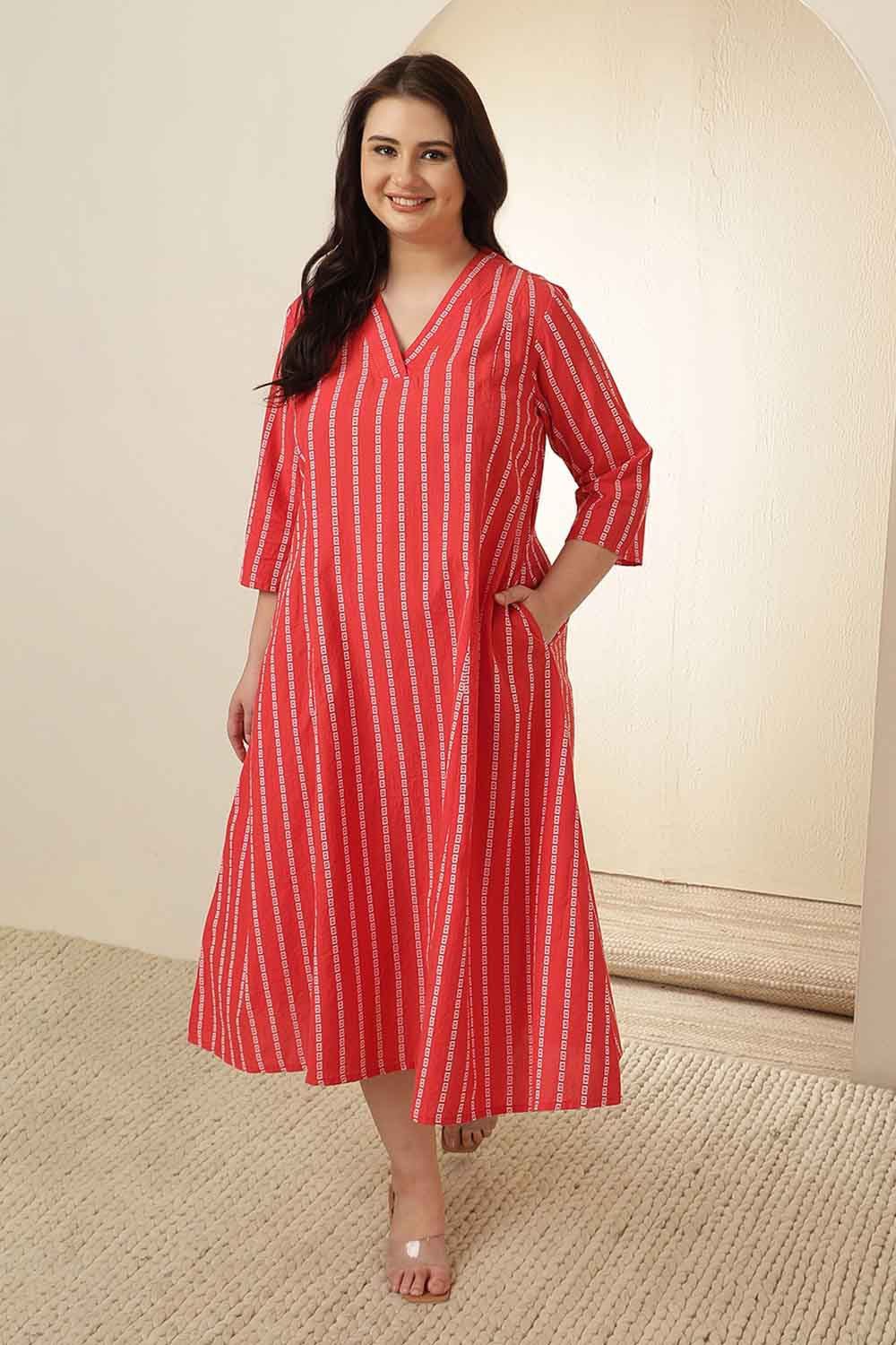 Plus Size Red Stripe Cotton Midi Dress