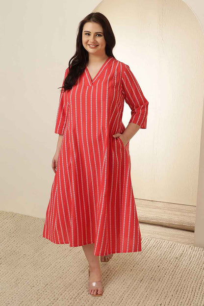 Plus Size Red Stripe Cotton Midi Dress