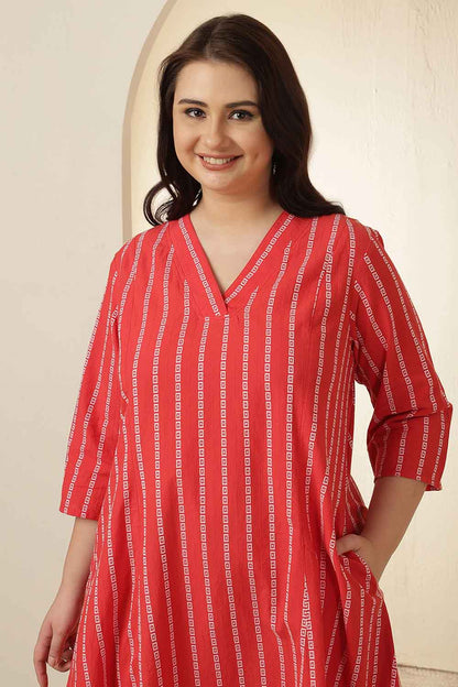 Plus Size Red Stripe Cotton Midi Dress
