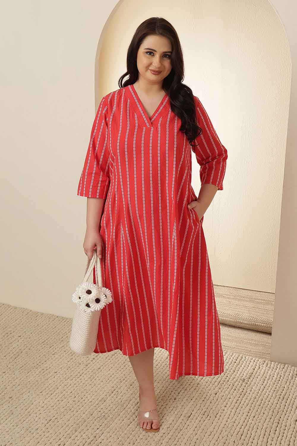 Plus Size Red Stripe Cotton Midi Dress